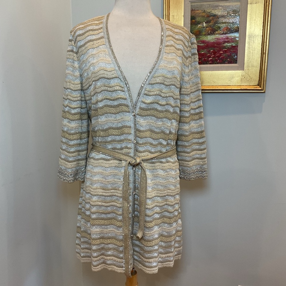 St. John Evening Gold Metallic Knit Belted‎ Long Cardigan Top Size 12